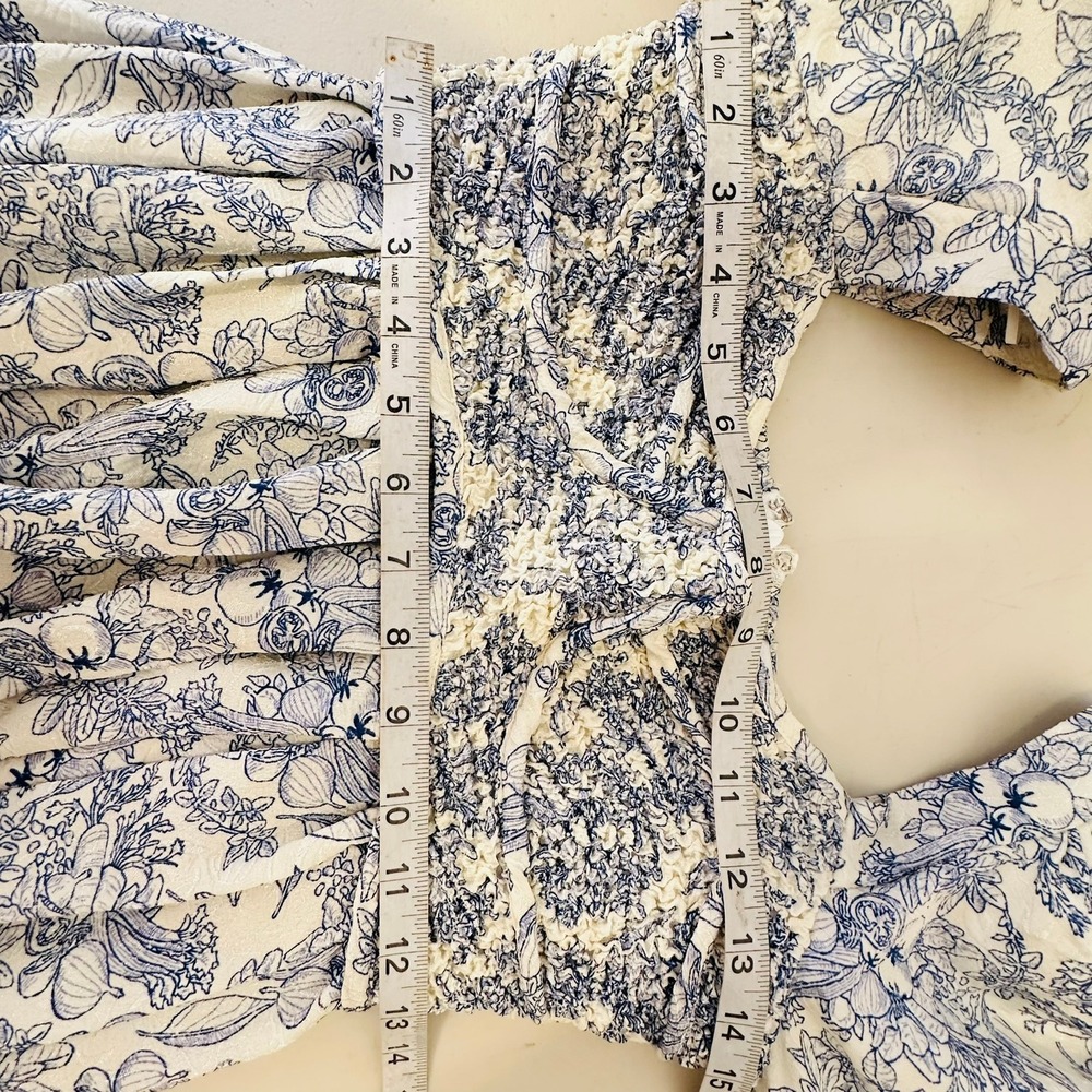 Zoco Gala Dress Women S Blue Floral Smocked Puff Toile Milkmaid cottagecore - Picture 9 of 10